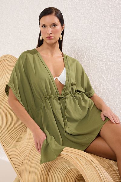 Trendyol Collection TBESS25KM00013 Modell Khaki Mini gewebter, bestickter Strand-Kimono und Kaftan