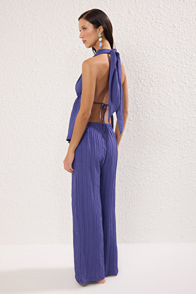 Trendyol Collection Lila texturált strandblúz és nadrág szett TBESS25AU00063