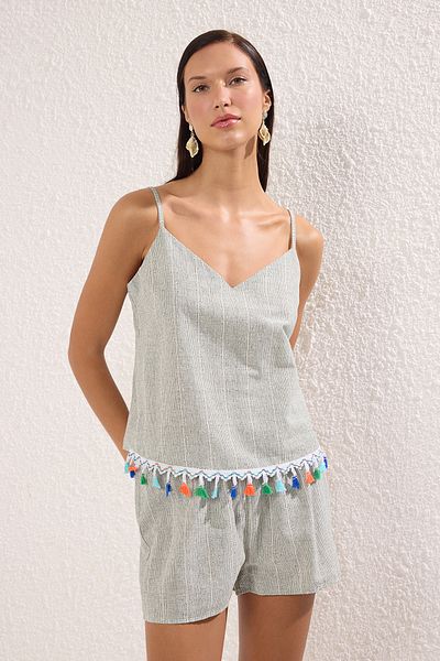 Trendyol Collection Striped Woven Tassel Detailed Linen Look Beach Blouse Skirt Set Tbess25Au00067