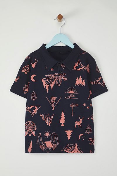 TRENDYOLKIDS Navy Blue Male Child 100% Cotton Forest Printed Polo Neck Short Sleeve Knitted T-Shirt Tkdss25Ts00083