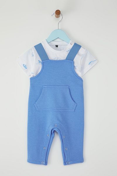 TRENDYOLKIDS Salopetă tricotată cu mânecă scurtă, cu imprimeu, din bumbac, 2 piese, albastru TKDSS25TU00010