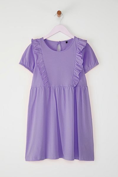 TRENDYOLKIDS Lila Mädchen 100 % Baumwolle gerüschtes kurzes Mini-Strickkleid TKDSS25EL00065