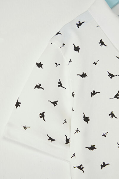 TRENDYOLKIDS Ecru Cotton Printed Polo Neck Short Sleeve Boys Knitted T-Shirt Tkdss25Ts00082