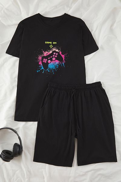 Trendyol Collection Black Regular Fit Game Printed Knitted Shorts Pajama Set Tmnss25Pt00075