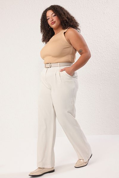 Trendyol Curve Stone Double Pleated High Waist Wide Leg Summer Woven Pants Tbbss25Ar00021