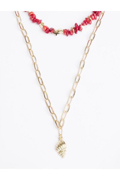 Jimmy Key Double Necklace with Red Coral Detailed Conch Figure