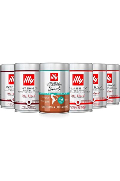 illy مجموعة حبوب قهوة مكونة من 6 قطع تتضمن 3 أنواع كلاسيكو، 2 نوع إنتنسو، 1 ن...