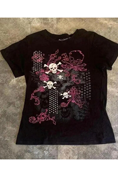 Peripeti Μπλουζάκι Gothic Skulls Flowers Ολόσωμο κοντομάνικο Crop T-shirt