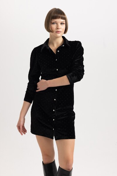 DeFacto Shirt Collar Velour Long Sleeve Mini Dress B6637ax23wn