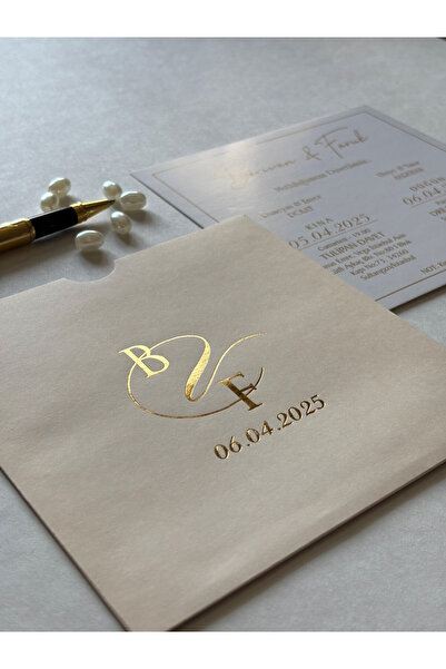 Luna Davetiye Krem Zarflı Düğün Davetiyesi 5-(50 ADET)
