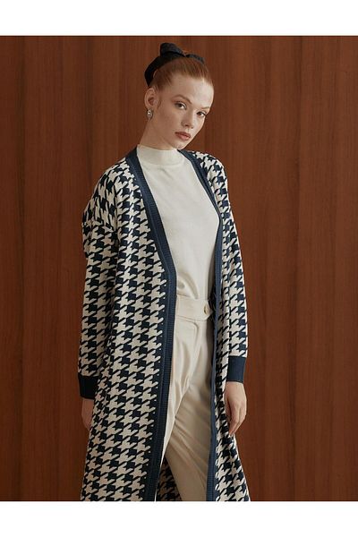 Kayra Goose Feet Patterned Long Knitwear Cardigan Indigo