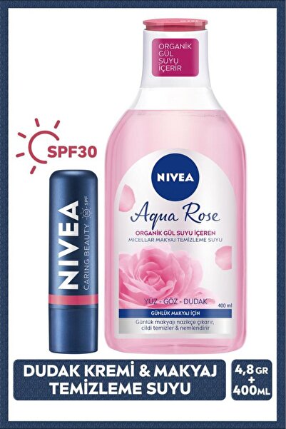 NIVEA Rose Renkli Nemlendirici Dudak Kremi SPF30 ve Gül Suyu Micellar Günlük Makyaj Temizleme Suyu 400ml