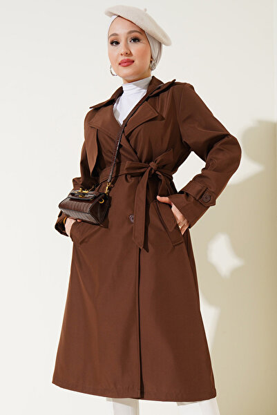 Merterium Kadın Kruvaze Yaka Kuşaklı Kahverengi Trençkot