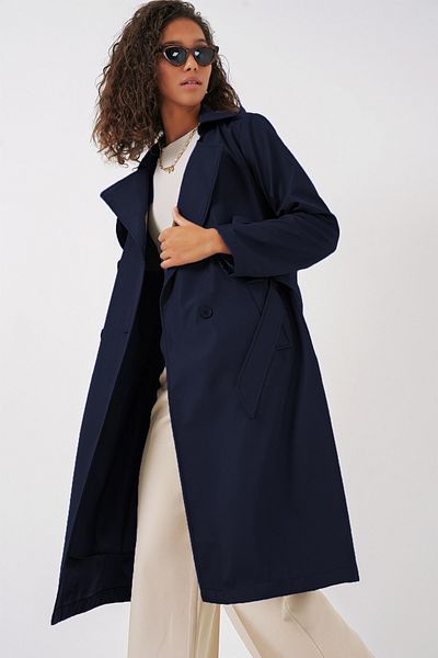 Merterium Women's Double Breasted Collar Belted Navy Blue Trench Coat