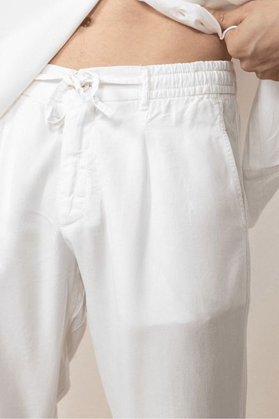 Valiberta Lace-Up & Zippered Natural Textured Cotton Men's Trousers - Ecru