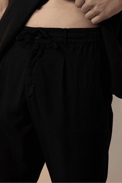 Valiberta Lace-Up & Zippered Natural Textured Cotton Men's Trousers - Black