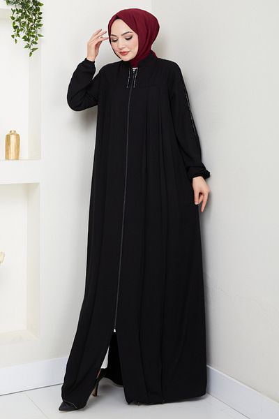ModaMerve Λεπτομερής ρίγα Hijab Ferace 1007ESL1097-M Μαύρο