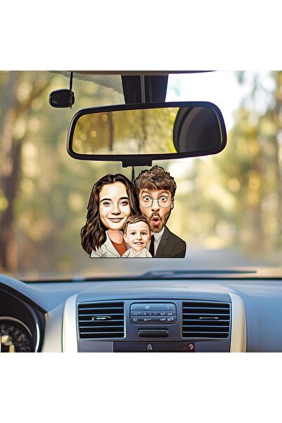 EJOYA Kişiye Özel Fotoğraflı Güzel Ailem Karikatür Araba Dikiz Ayna Süsü 114952