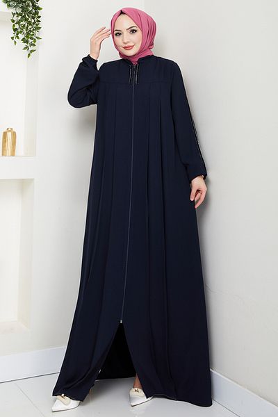 ModaMerve Λεπτομερής ρίγα Hijab Ferace 1007ESL1097-M Navy