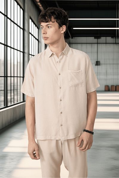 Valiberta Single Pocket Cotton Fabric Natural Textured Oversize Men's Shirt - Beige