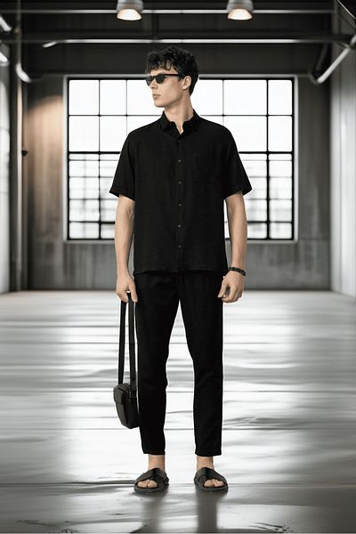 Valiberta Lace-Up & Zippered Natural Textured Cotton Men's Trousers - Black