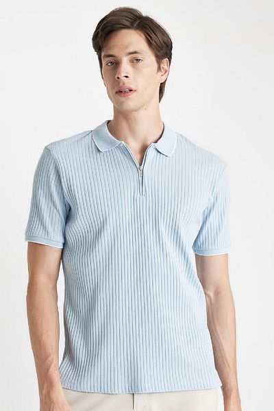DeFacto Slim Fit přiléhavé tričko s krátkým rukávem žebrovaná košile Polo tričko s polovičním zipem D3948ax24sm