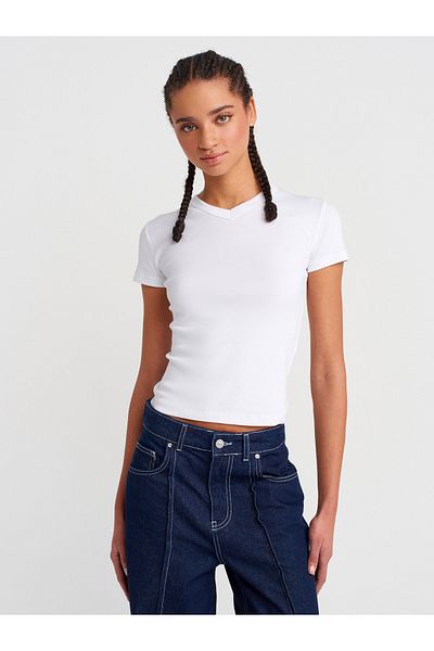 Dilvin 31673 V-Neck T-Shirt-White