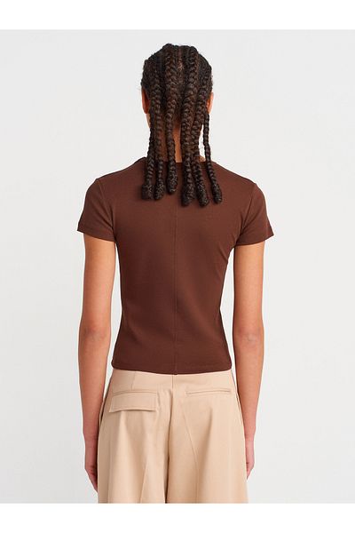 Dilvin 31673 V-Neck T-Shirt-Light Brown