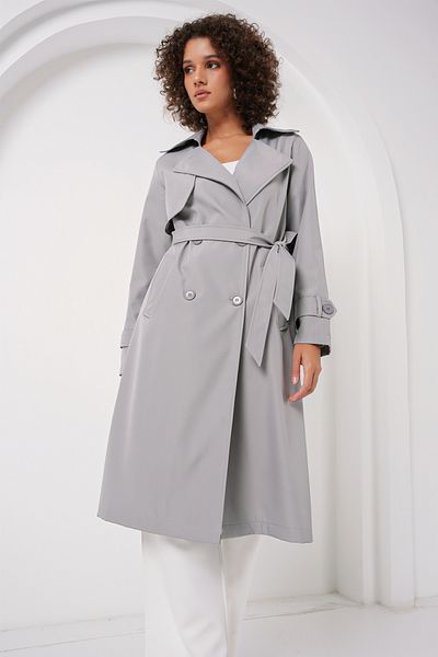 Merterium Women's Double Breasted Collar Belted Gray Trench Coat