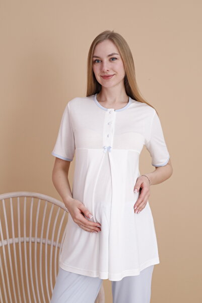 LORIAN'S Mavi Özel Tasarım Kısa Kollu Lohusa ve Hamile Pijama Takımı 3'Lü Set