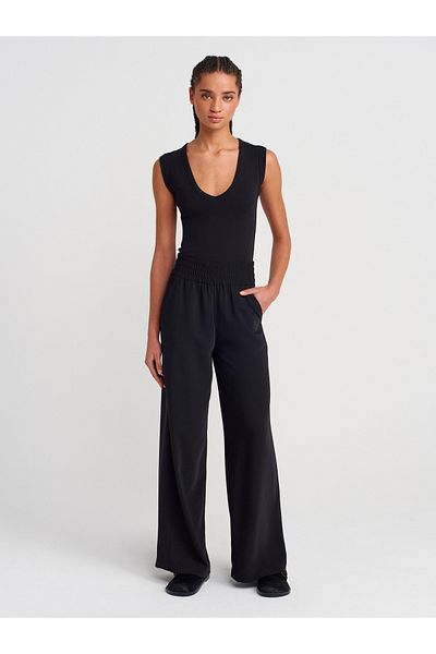 Dilvin 71653 Wide Trousers with Elastic Waist-Black