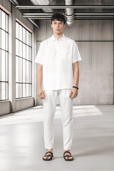 Valiberta Lace-Up & Zippered Natural Textured Cotton Men's Trousers - Ecru