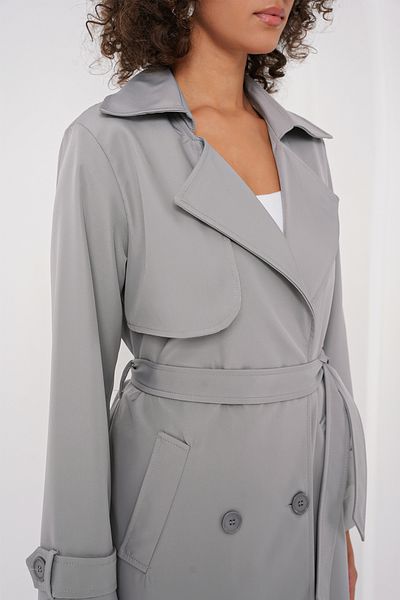 Merterium Women's Double Breasted Collar Belted Gray Trench Coat