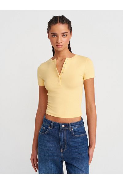 Dilvin 31704 Short Sleeve Top with Snap Buttons-Yellow
