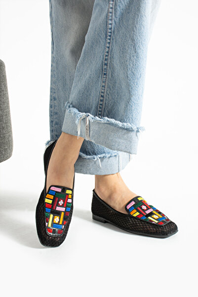 TubiBella محبوك التطريز منقوشة شبكة سوداء اللون أحذية راقصة الباليه النسائية