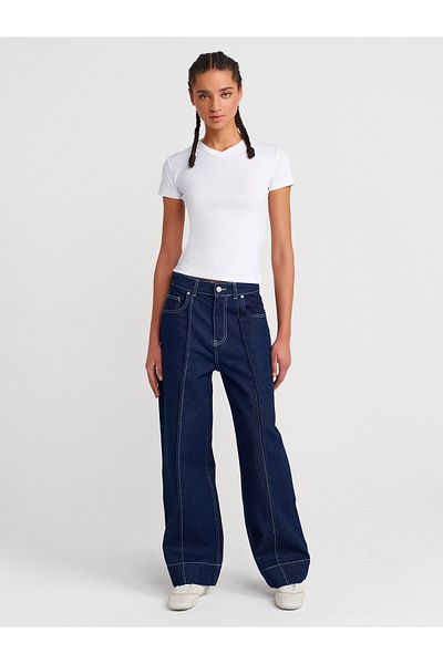 Dilvin 71808 Contrast Stitched Short Denim Trousers-Navy Blue