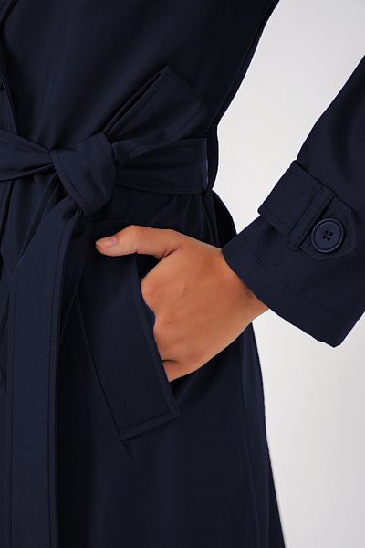 Merterium Women's Double Breasted Collar Belted Navy Blue Trench Coat