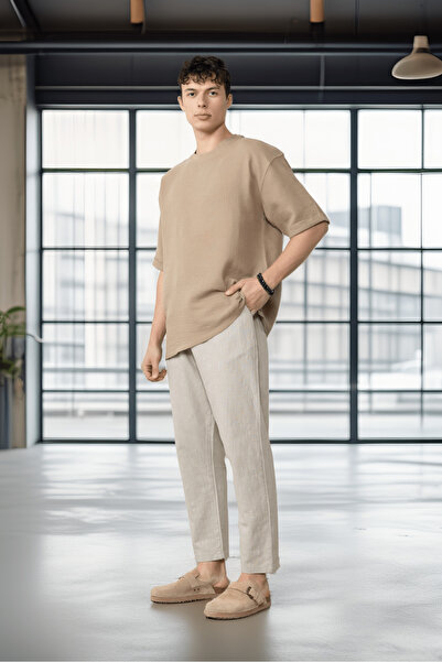 Valiberta Cotton Flamingo Comfortable Fit Straight Leg Jogger Men's Trousers - Beige