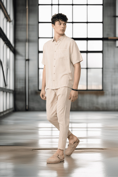 Valiberta Ανδρικό πουκάμισο μεγάλου μεγέθους από βαμβακερό ύφασμα μονής τσέπης - μπεζ