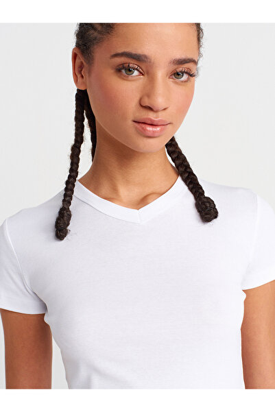 Dilvin 31673 V-Neck T-Shirt-White