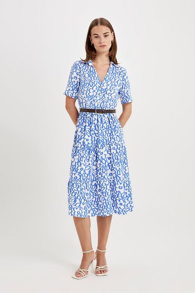 DeFacto Shirt Collar Floral Print Belted Short Sleeve Midi Dress D4411Ax24Hs