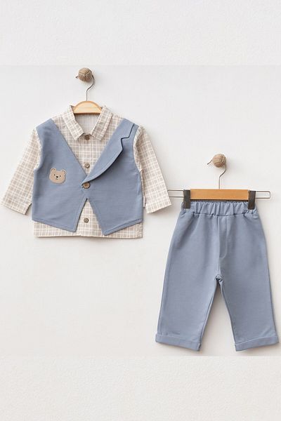 NEGİYYİM Baby Boy Teddy Bear Vest Plaid Patterned Suit 6-18 Months