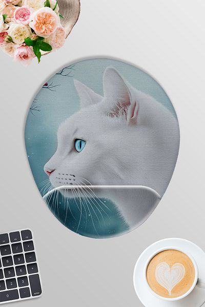 qoeuyl boutique White Cat Winter Themed No:2 Mousepad oval pentru gaming pentru jucători cu suport pentru încheietura mâinii