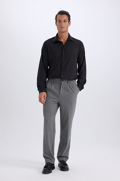 DeFacto Тениска с дълъг ръкав и поло яка Slim Fit, черна D4525ax24au