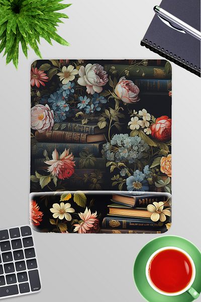 qoeuyl boutique Flower and Books No:3 Gamer Gaming Rectangle Wrist Support Mousepad