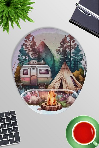 qoeuyl boutique Camping Themed Printed Gamer Gaming Oval Wrist Support Mousepad