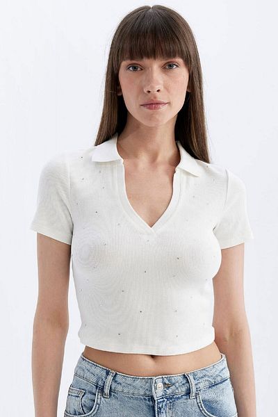 DeFacto Ribbed Short Sleeve Polo T-Shirt - Slim Fit Camisole D4545AX24HS