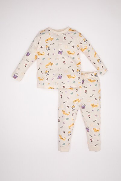 DeFacto Patterned Combed Cotton Baby Girl Pajama Set - Long Sleeve, Top Elastic Waist, Long Bottom D3620A524Wn