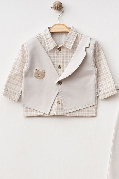 NEGİYYİM Baby Boy Teddy Bear Vest Plaid Patterned Suit 6-18 Months