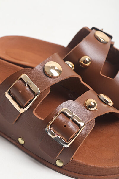 Ayakkabı Vakti Двосмугові золоті капці з застібкою, деталізовані, для щоденного комфорту, жіночі капці